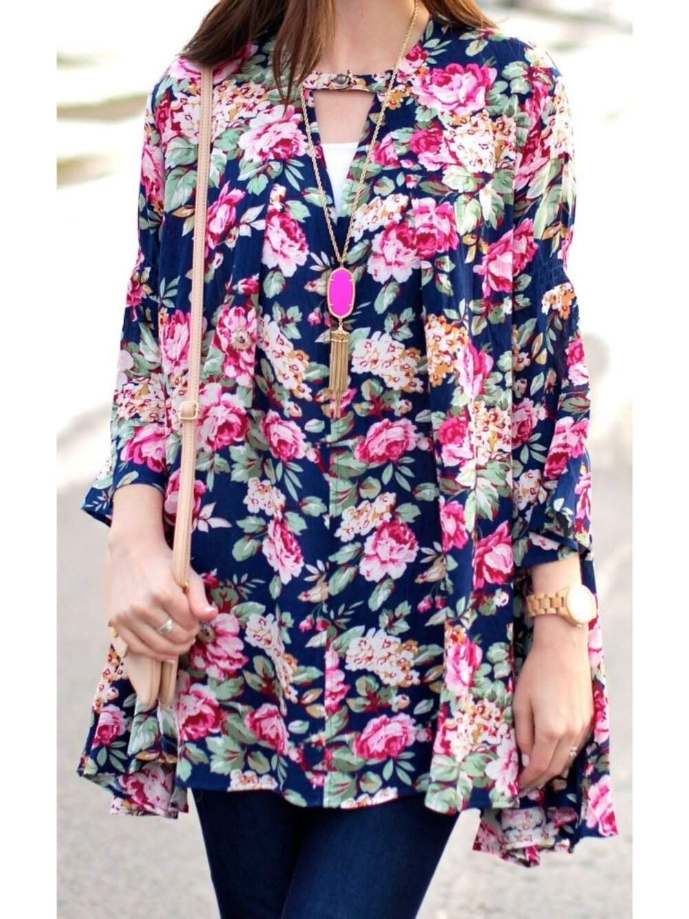 Umgee Pink Roses Floral Bell Sleeve Tunic Dress Feminine Cottagecore Boho Size M